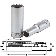 Chaves de caixa funda métrica de 1/2'' 12 pontos, DIN 3120/3124/ISO 2725
Cromo vanádio. Acabamento acetinado.